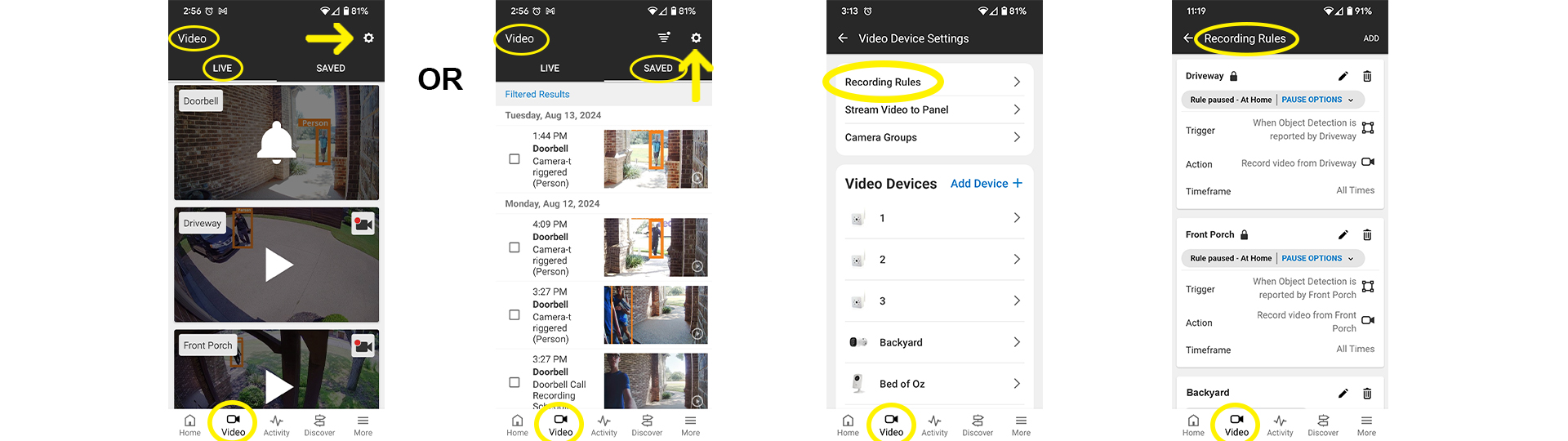 Configuration of Recording Rules for Home Security Cameras