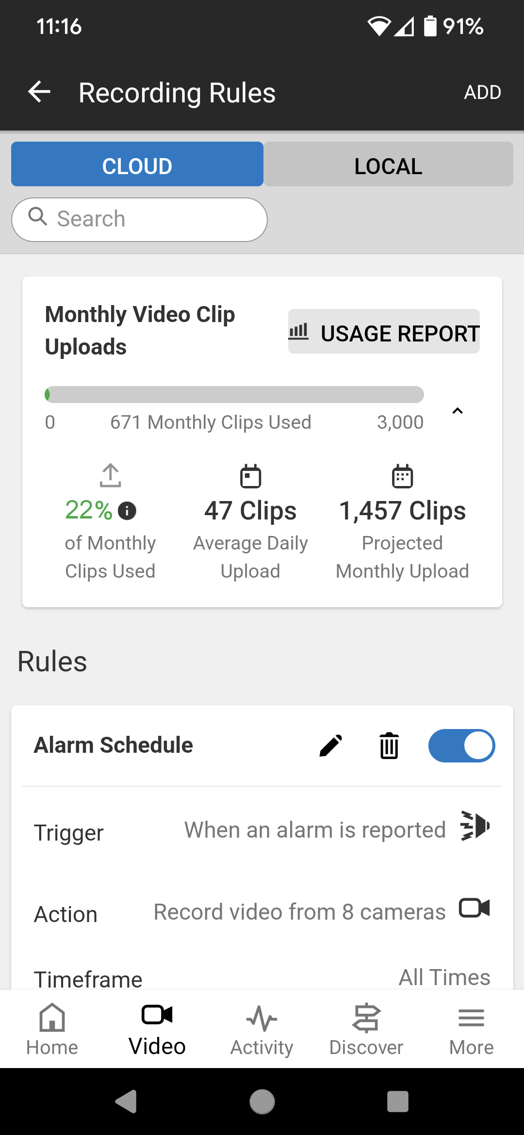 App screen with usage report for home security cameras